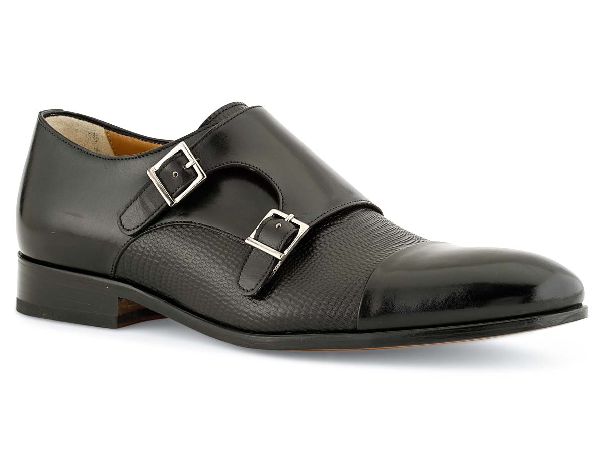 Henry Double Monkstrap in Black & Stamped Black