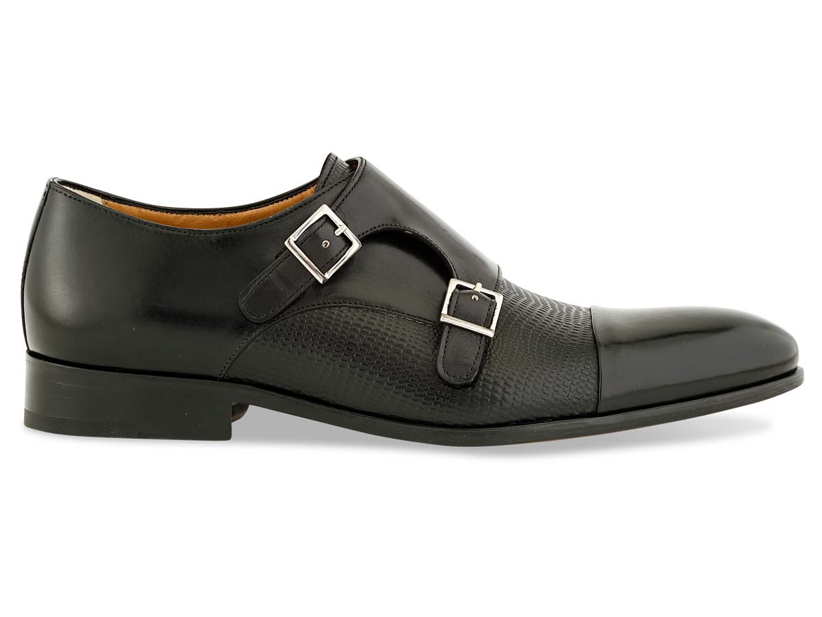 Henry Double Monkstrap in Black & Stamped Black